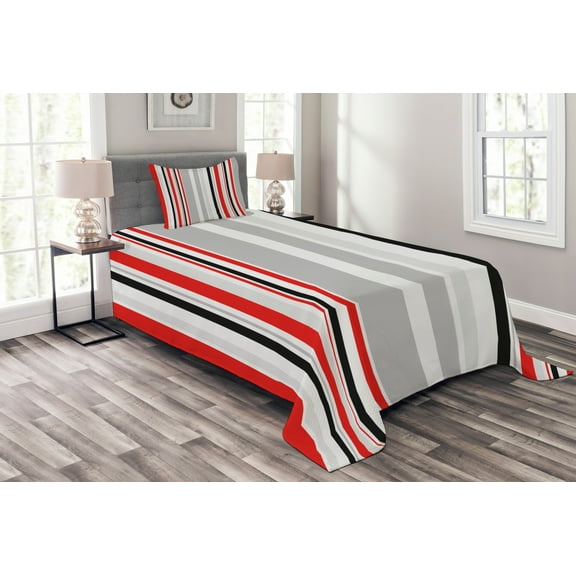 Ambesonne Vintage Quilted Bedspread Set 2 Pcs, Retro Abstract Lines, Twin Size, Vermilion and Pale Grey