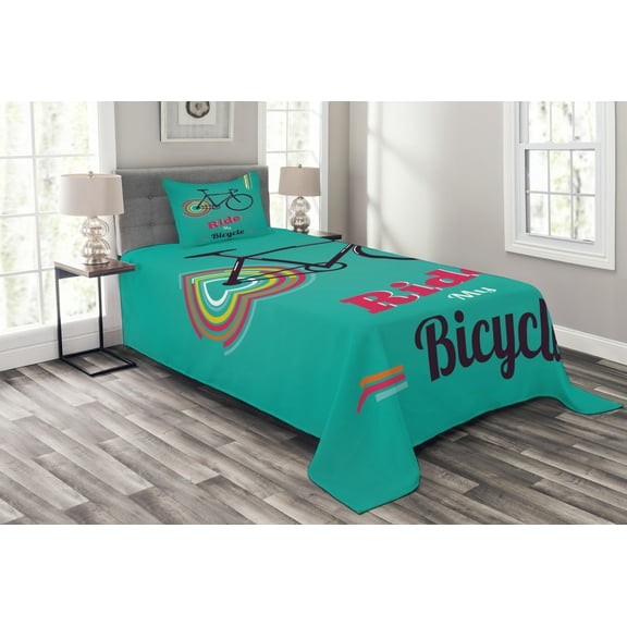 Ambesonne Vintage Quilted Bedspread Set 2 Pcs, Retro Bicycle Design, Twin Size, Teal Hot Pink Black