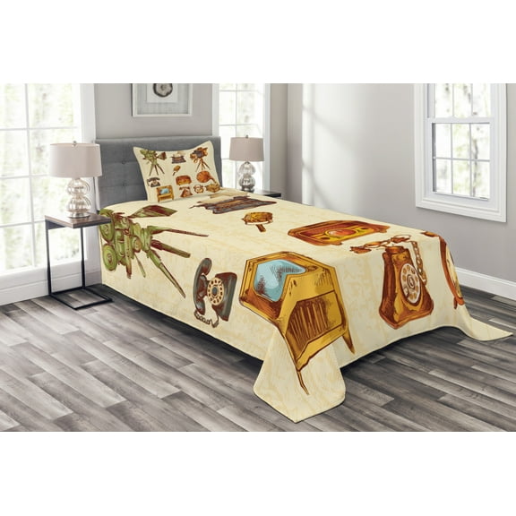 Ambesonne Vintage Quilted Bedspread Set 2 Pcs, Retro Old Technology, Twin Size, Cream and Pale Caramel