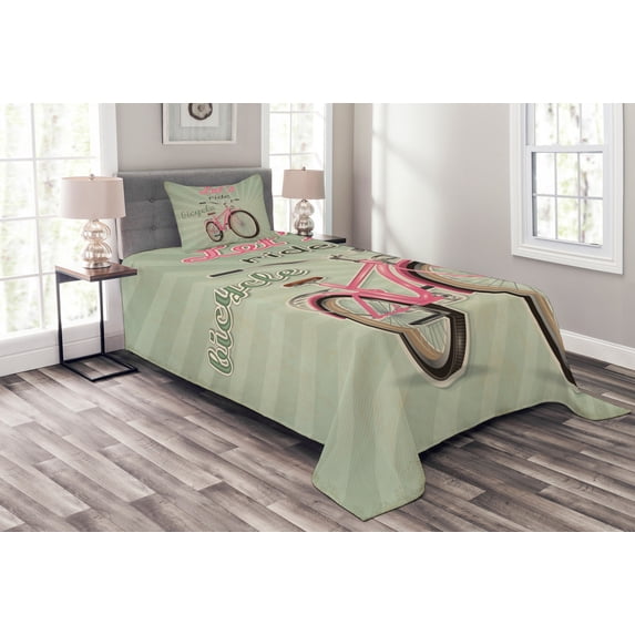 Ambesonne Vintage Quilted Bedspread Set 2 Pcs, Retro Pop Art Bike, Twin Size, Green Pink