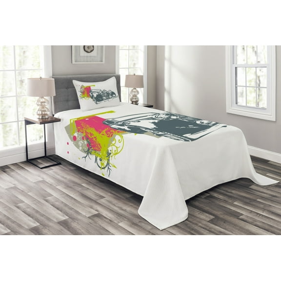 Ambesonne Vintage Quilted Bedspread Set 2 Pcs, Retro Pop Classic Car, Twin Size, Lime Green Slate Blue