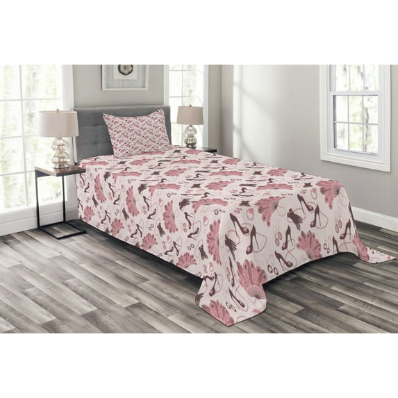 Ambesonne Vintage Quilted Bedspread Set 2 Pcs, Retro Women Fashion, Twin Size, Pale Pink