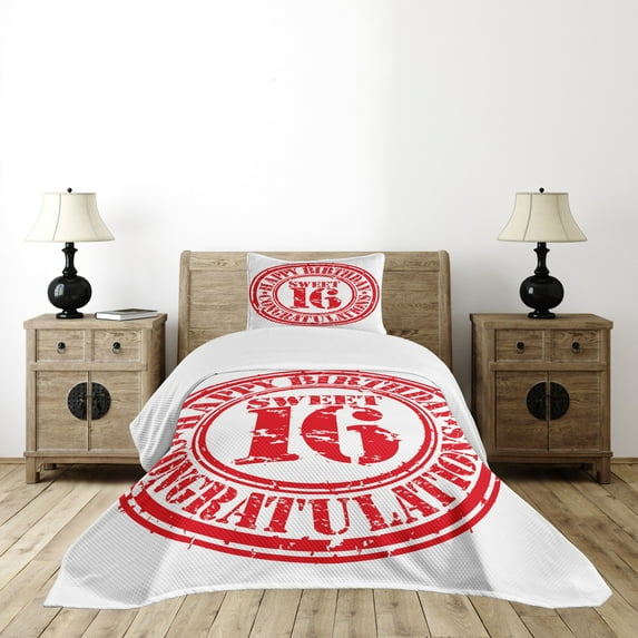 Ambesonne Vintage Quilted Bedspread Set 2 Pcs, Rubber Stamp Greeting, Twin Size, Vermilion White