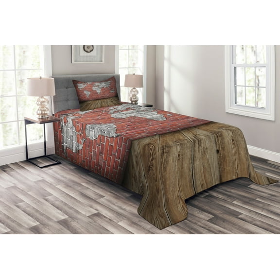 Ambesonne Vintage Quilted Bedspread Set 2 Pcs, Rustic Old Grunge Map, Twin Size, Cinnamon Pale Grey