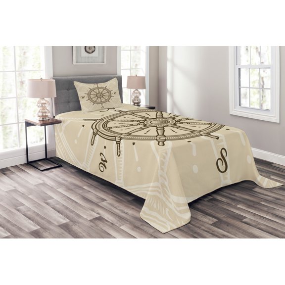 Ambesonne Vintage Quilted Bedspread Set 2 Pcs, Steering Wheel Travel, Twin Size, Beige Brown