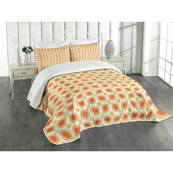 Ambesonne Vintage Quilted Bedspread Set 3 Pcs, 70s Boho Geometric, King Size, Orange Cream