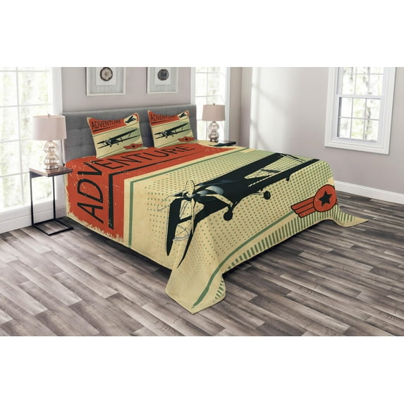 Ambesonne Vintage Quilted Bedspread Set 3 Pcs, Adventure with Plane, Queen Size, Multicolor