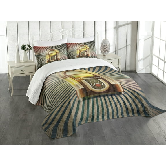 Ambesonne Vintage Quilted Bedspread Set 3 Pcs, Antique Radio Music Box, Queen Size, Petrol Blue Beige