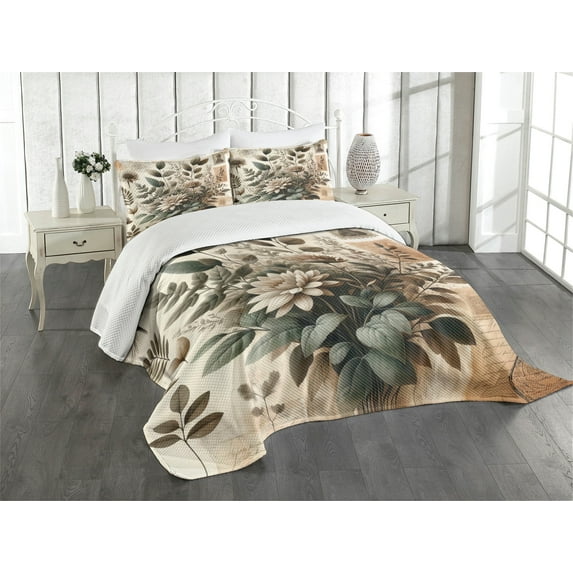 Ambesonne Vintage Quilted Bedspread Set 3 Pcs, Art Botany Nostalgia Leaves, King Size, Beige Laurel Green Taupe