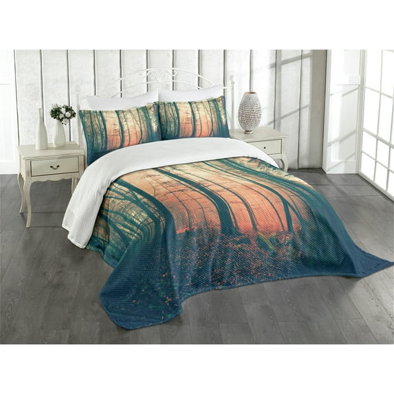 Ambesonne Vintage Quilted Bedspread Set 3 Pcs, Autumn Forest Woodland, King Size, Coral Dark Green