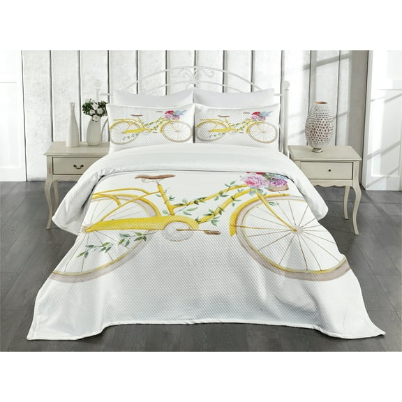 Ambesonne Vintage Quilted Bedspread Set 3 Pcs, Bicycle with Flowers, King Size, Yellow and White