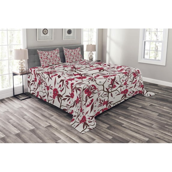 Ambesonne Vintage Quilted Bedspread Set 3 Pcs, Blooming Spring Branches, King Size, Dark Brown and Dark Coral