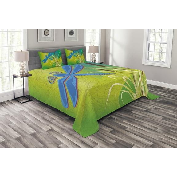 Ambesonne Vintage Quilted Bedspread Set 3 Pcs, Blue Dragonfly on Green, King Size, Pale Green Brown