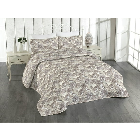 Ambesonne Vintage Quilted Bedspread Set 3 Pcs, Botanical Bird Print Petals, King, Ivory Chestnut Brown