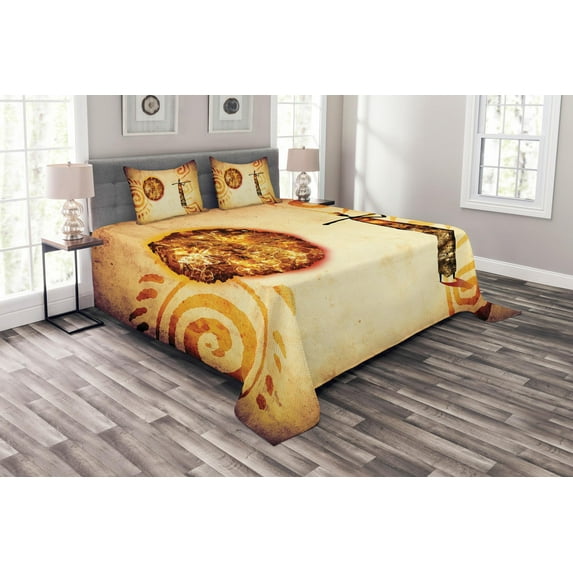 Ambesonne Vintage Quilted Bedspread Set 3 Pcs, Brown Tribe Art, Queen Size, Brown Tan