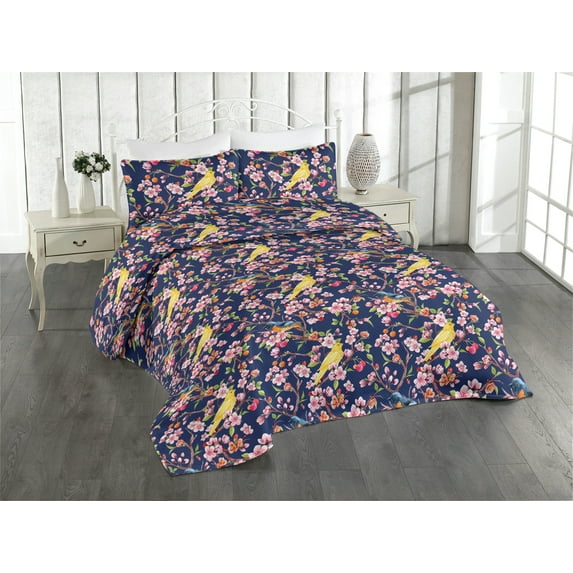 Ambesonne Vintage Quilted Bedspread Set 3 Pcs, Cherries Birds Flowers Art, King, Lime Green and Dried Rose