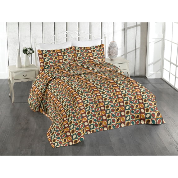 Ambesonne Vintage Quilted Bedspread Set 3 Pcs, Circular Shapes Abstract, Twin, Brown Apricot and Teal