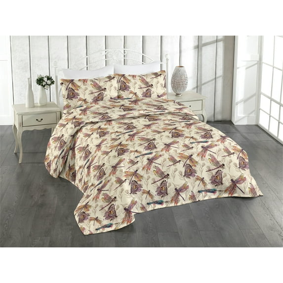 Ambesonne Vintage Quilted Bedspread Set 3 Pcs, Colorful Dragonflies Art, King, Pale Purple and Sky Blue