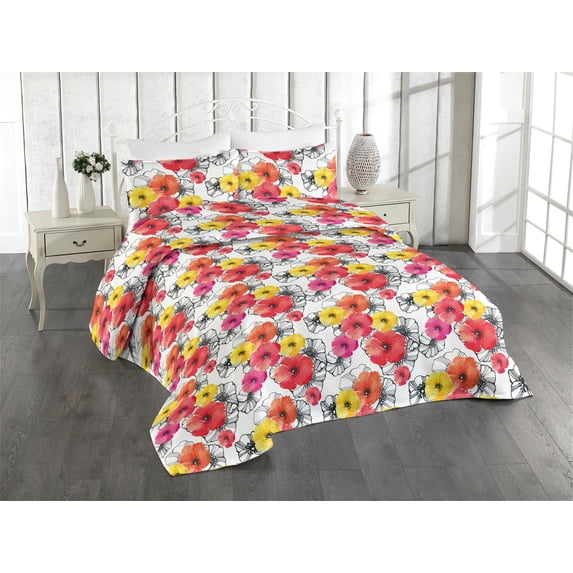Ambesonne Vintage Quilted Bedspread Set 3 Pcs, Colorful Hand-Drawn Poppy, Queen, Dark Coral and Earth Yellow