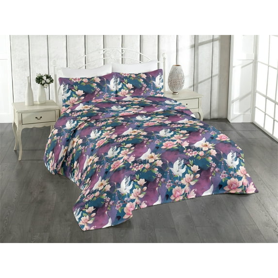Ambesonne Vintage Quilted Bedspread Set 3 Pcs, Crane Birds Flowers Plot, Queen, Eggplant Petrol Blue