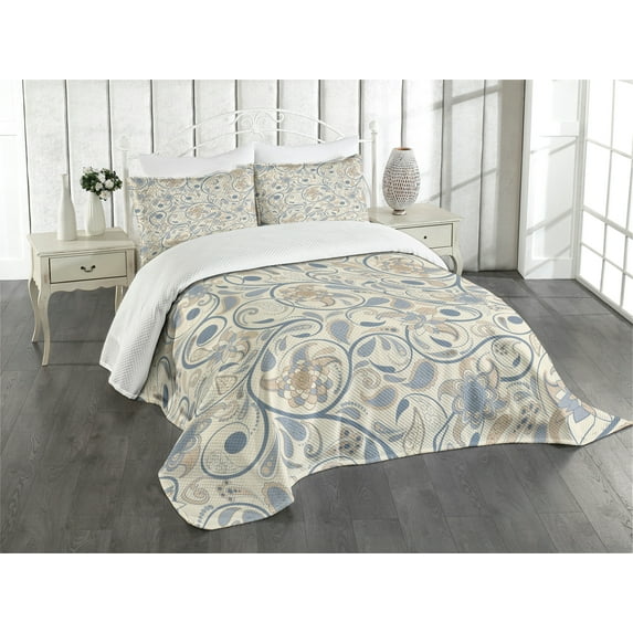 Ambesonne Vintage Quilted Bedspread Set 3 Pcs, Eastern Oriental Scroll, King Size, Slate Blue Beige Tan