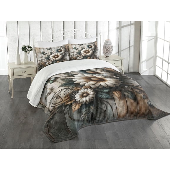 Ambesonne Vintage Quilted Bedspread Set 3 Pcs, Farmhouse Chamomiles Rustic, King Size, Pale Tan Almond Teal