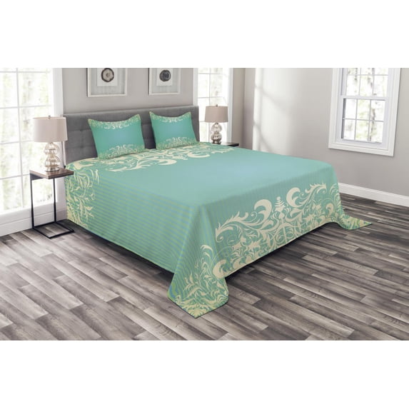 Ambesonne Vintage Quilted Bedspread Set 3 Pcs, Flora Curlicues, King Size, Seafoam Cream