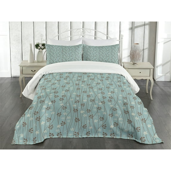 Ambesonne Vintage Quilted Bedspread Set 3 Pcs, Floral Rustic Garden, Queen Size, Pale Blue Cream Umber