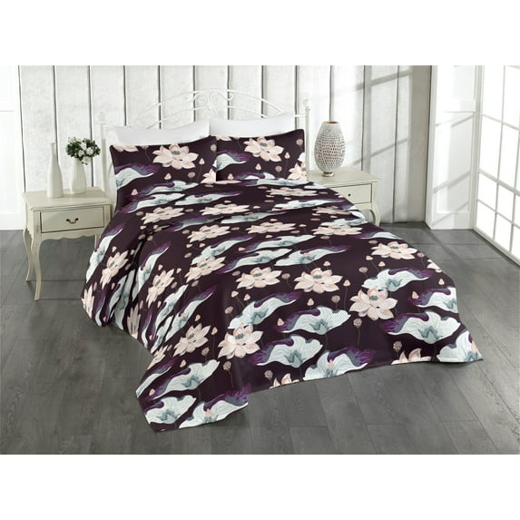 Ambesonne Vintage Quilted Bedspread Set 3 Pcs, Floral Wild Boho Flowers, King, Dark Maroon and Pale Salmon