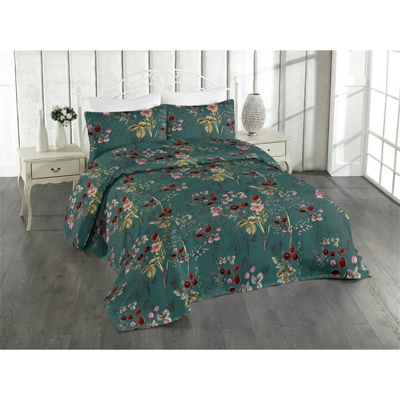 Ambesonne Vintage Quilted Bedspread Set 3 Pcs, Flowers Butterflies Minimal, Queen, Dark Fuchsia and Tan
