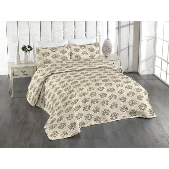 Ambesonne Vintage Quilted Bedspread Set 3 Pcs, Flowers Leaf Print Retro, Queen, Eggshell and Olive Green