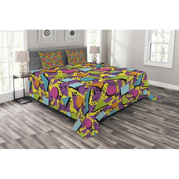 Ambesonne Vintage Quilted Bedspread Set 3 Pcs, Funky Geometric Style, Queen Size, Multicolor