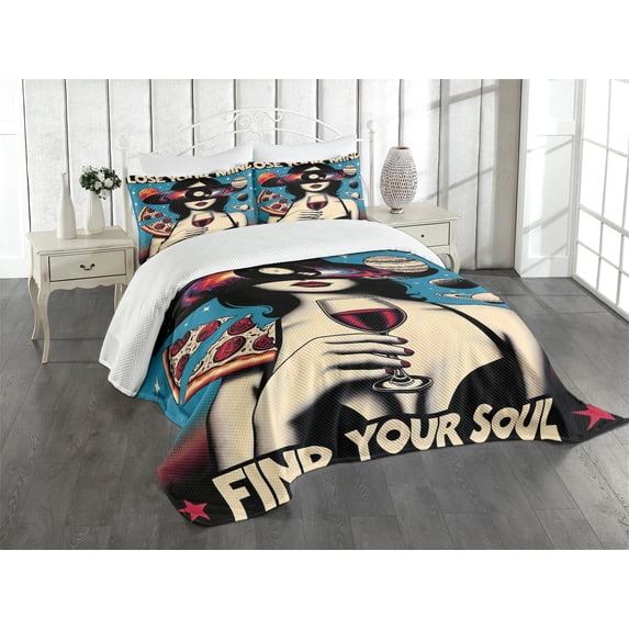 Ambesonne Vintage Quilted Bedspread Set 3 Pcs, Galaxy Retro Woman Artwork, King Size, Eggshell Black Multicolor