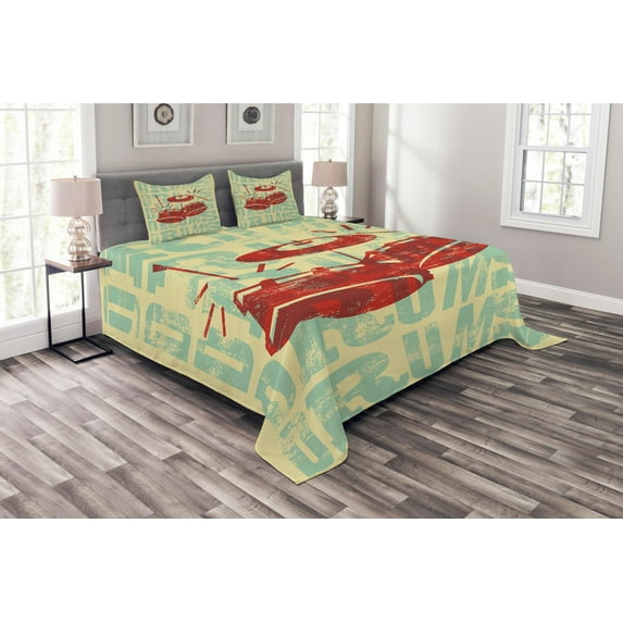 Ambesonne Vintage Quilted Bedspread Set 3 Pcs, Groovy Rock Music Vibe, King Size, Red Yellow