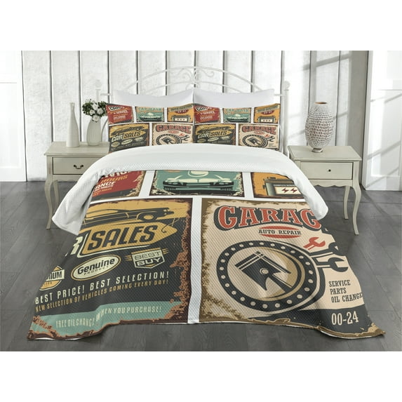 Ambesonne Vintage Quilted Bedspread Set 3 Pcs, Grunge Funky Style Artwork, King Size, Multicolor