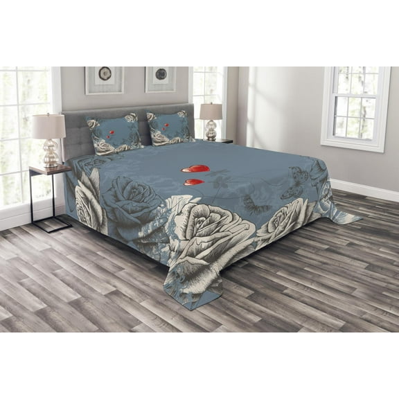 Ambesonne Vintage Quilted Bedspread Set 3 Pcs, Grunge Rose Petal Heart, King Size, Slate Blue Grey