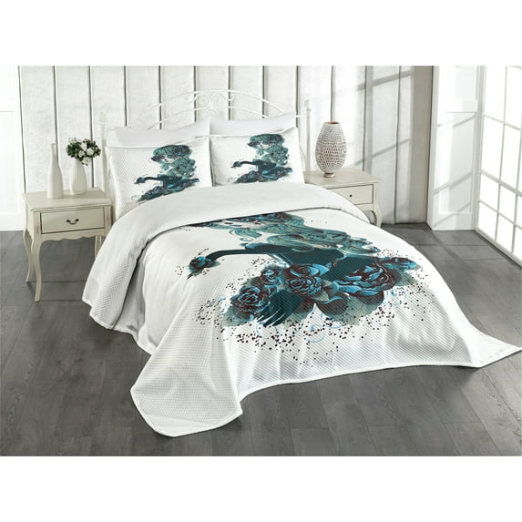 Ambesonne Vintage Quilted Bedspread Set 3 Pcs, Grunge Skull Girl Roses, Queen Size, Petrol Blue White