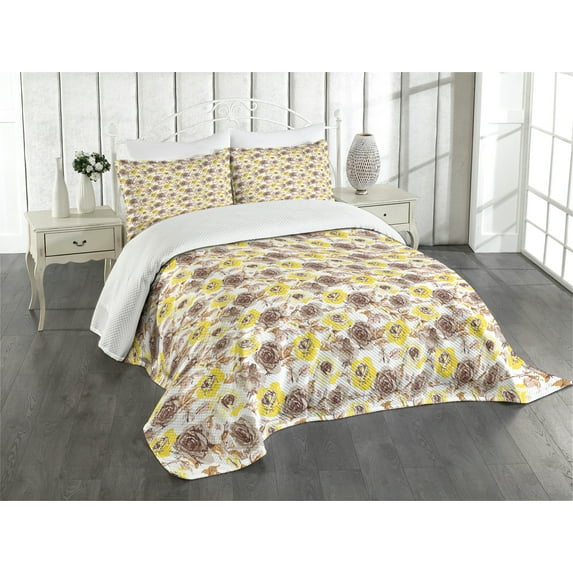 Ambesonne Vintage Quilted Bedspread Set 3 Pcs, Grungy Roses Romantic, Queen Size, Yellow Beige Brown