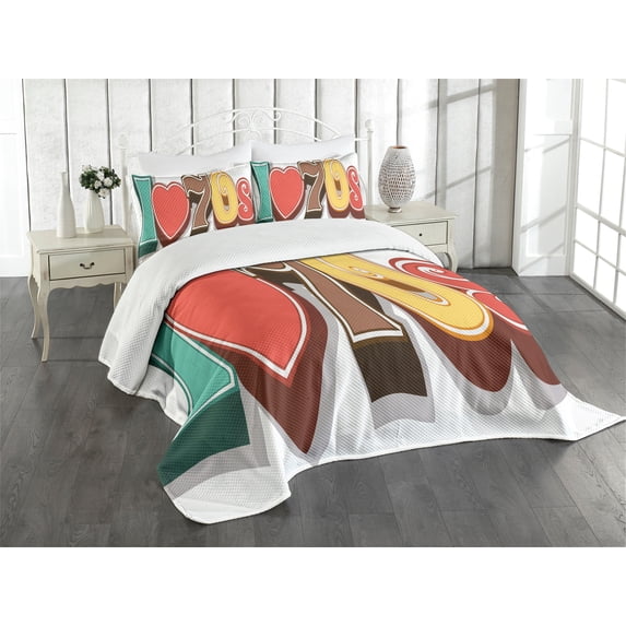 Ambesonne Vintage Quilted Bedspread Set 3 Pcs, I Love Seventies Pastel, Queen Size, Multicolor