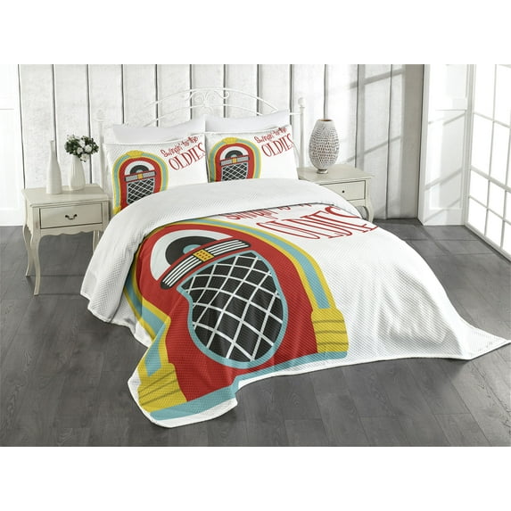 Ambesonne Vintage Quilted Bedspread Set 3 Pcs, Jazz Age Party Music, Queen Size, Red Sky Blue and Yellow