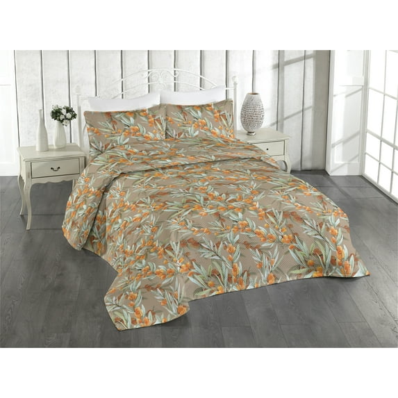 Ambesonne Vintage Quilted Bedspread Set 3 Pcs, Leaves Sea Buckthorn Berry, King, Dark Orange Pale Green