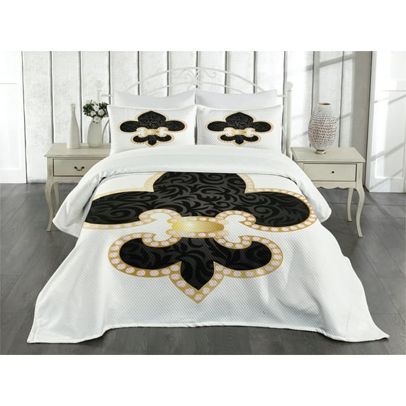 Ambesonne Vintage Quilted Bedspread Set 3 Pcs, Lily of France, Queen Size, Yellow Black White