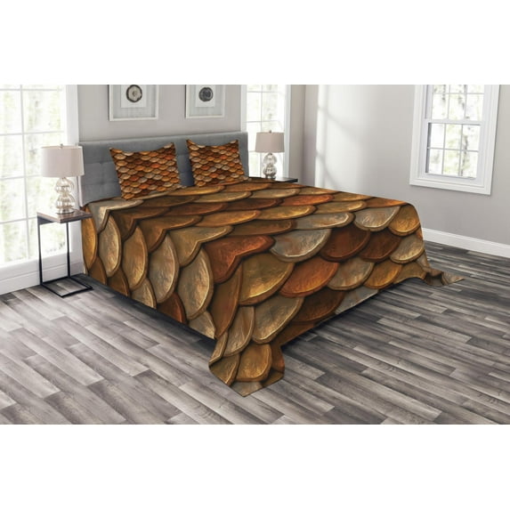 Ambesonne Vintage Quilted Bedspread Set 3 Pcs, Medieval Scale Pattern, King Size, Multicolor