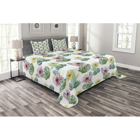 Ambesonne Vintage Quilted Bedspread Set 3 Pcs, Mexican Plant Cactus, Queen Size, Pink Green and Blue