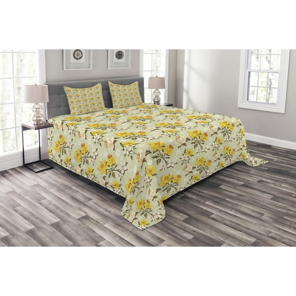 Ambesonne Vintage Quilted Bedspread Set 3 Pcs, Narcissus Wildflowers, Queen Size, Yellow Cream Pale Green