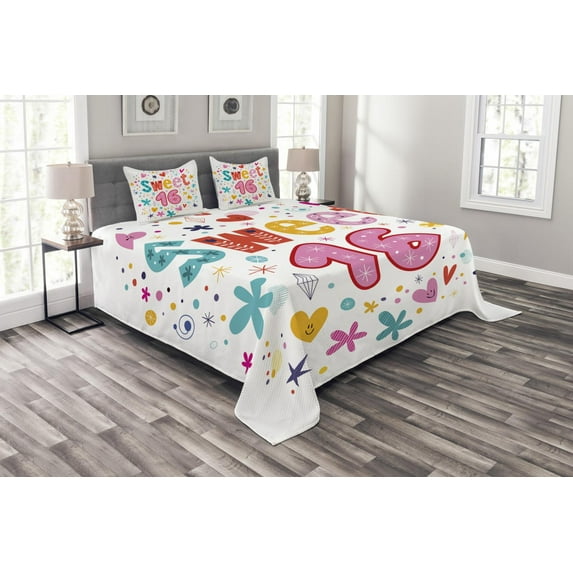 Ambesonne Vintage Quilted Bedspread Set 3 Pcs, New Age Hearts Blooms, King Size, Multicolor
