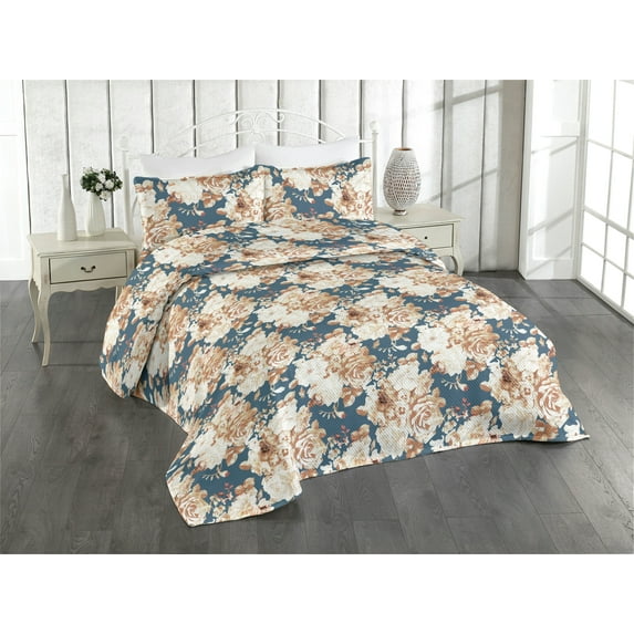 Ambesonne Vintage Quilted Bedspread Set 3 Pcs, Nostalgic Summer Flowers, King, Persian Orange and Slate Blue