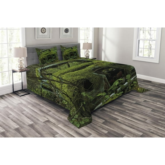 Ambesonne Vintage Quilted Bedspread Set 3 Pcs, Old Classic Car Forest, King Size, Olive Green and Dimgrey