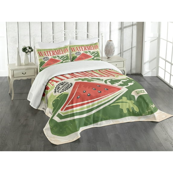 Ambesonne Vintage Quilted Bedspread Set 3 Pcs, Old Faded Funny Graphic, Queen Size, Green Red Ecru