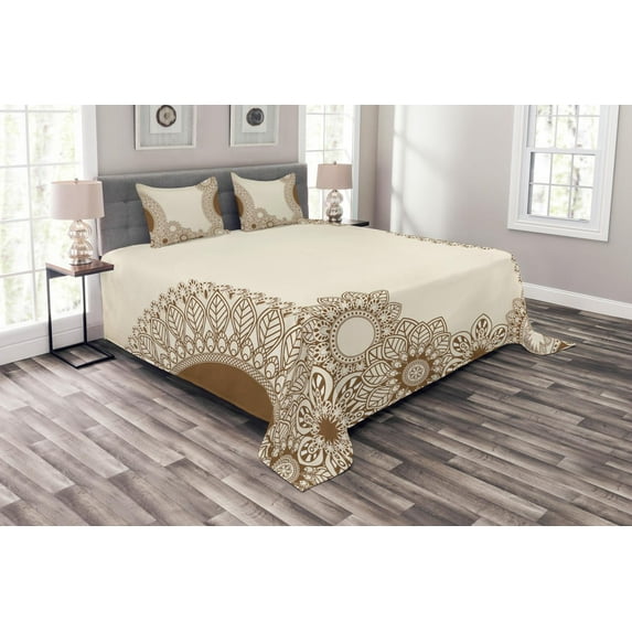 Ambesonne Vintage Quilted Bedspread Set 3 Pcs, Old Fashioned Mandala Art, King Size, Caramel Tan